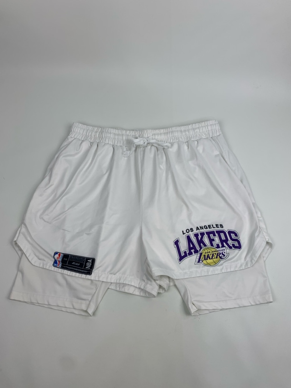 LA Lakers NBA White Shorts with logo & NBA Patch Athletic Shorts 2XL drawstring